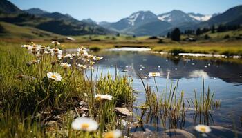 AI generated Tranquil meadow, wildflowers bloom, reflecting in pond generated by AI photo