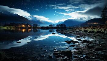 ai generado majestuoso montaña rango refleja tranquilo azul crepúsculo cielo generado por ai foto