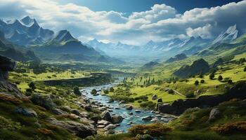 AI generated Majestic mountain peak reflects tranquil meadow in summer generated by AI photo