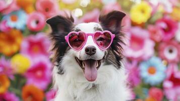 ai generado encantador sonriente perro en corazón conformado rosado Gafas de sol en contra un vistoso floral antecedentes. san valentin día y amor concepto. foto