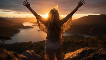 AI generated Young woman standing in nature, arms raised, enjoying freedom generated by AI photo