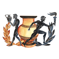 Composition with Ancient Greek elements and athletes. Amphora, laurel wreath. In the style of ancient Greek art painting. Hand drawn watercolor illustration. For print, packaging, postcards. png