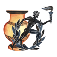 Composition with ancient Greek elements and an athlete with a torch. Amphora, laurel wreath. In the style of ancient Greek art painting. Hand drawn watercolor illustration. png