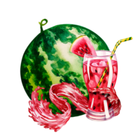 Watermelon and a glass of fresh watermelon juice. Handmade watercolor illustration. For labels, packaging and banners. For textiles, prints and stickers. For menus, invitations and greeting cards. png