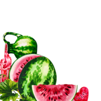 hörn ram med vattenmeloner och färsk vattenmelon juice. handgjort vattenfärg illustration. för etiketter, förpackning och banderoller. för textilier, grafik och klistermärken, inbjudningar och hälsning kort. png