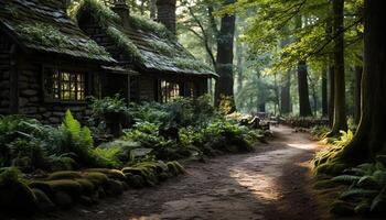 AI generated Ancient hut in tranquil forest, surrounded by green generated by AI photo