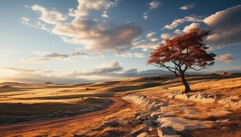 AI generated Tranquil scene of sunset over mountain range generated by AI photo