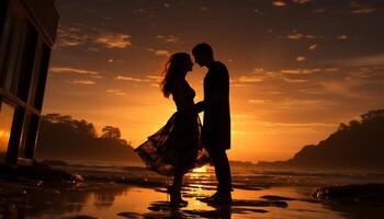 ai generado romántico puesta de sol boda, dos personas abrazando y sonriente generado por ai foto