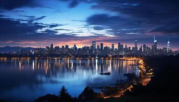 AI generated Cityscape at dusk, skyscrapers reflecting in water generated by AI photo