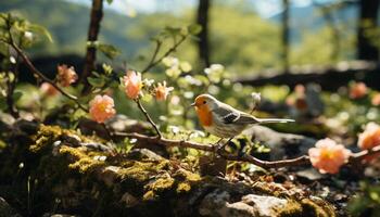 AI generated Small bird perching on branch, surrounded by green generated by AI photo