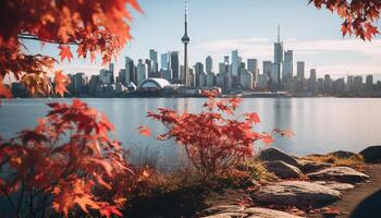 AI generated Autumn leaf reflects vibrant cityscape in tranquil water generated by AI photo