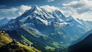 ai generado majestuoso montaña cima, cielo alto, tranquilo prado generado por ai foto