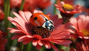 ai generado mariquita en un margarita, vibrante colores de naturaleza generado por ai foto