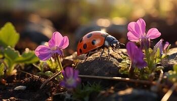 ai generado hermosa mariquita en verde flor en naturaleza generado por ai foto