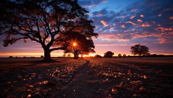 AI generated Silhouette of tree against orange sky at dusk generated by AI photo