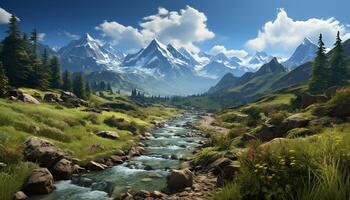 AI generated Majestic mountain peak reflects in tranquil flowing water generated by AI photo