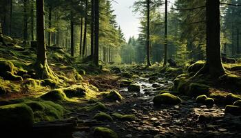 ai generado tranquilo escena de un verde bosque en otoño generado por ai foto