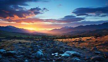 AI generated Majestic mountain peak reflects tranquil sunset beauty generated by AI photo