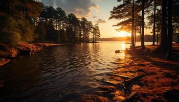 ai generado tranquilo escena de puesta de sol terminado agua, reflejando naturaleza belleza generado por ai foto