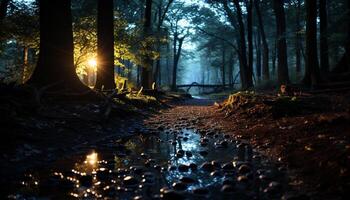 AI generated Tranquil scene of a foggy forest at dusk generated by AI photo