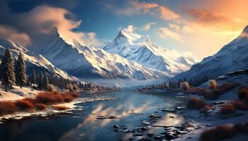 AI generated Majestic mountain peak reflects tranquil sunset on water generated by AI photo