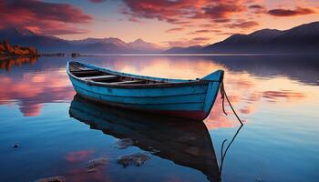 AI generated Sunset over tranquil water, rowboat reflects nautical beauty generated by AI photo