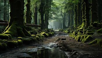 AI generated Mysterious forest, tranquil scene, wet leaf, adventure generated by AI photo