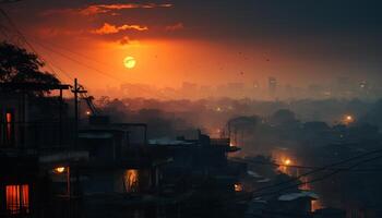 ai generado silueta de rascacielos en contra un contaminado naranja cielo generado por ai foto