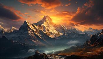 ai generado majestuoso montaña cima, puesta de sol cielo, tranquilo paisaje generado por ai foto
