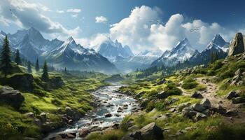 AI generated Majestic mountain peak, tranquil meadow, flowing water generated by AI photo