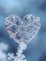 AI generated Macro Capture of a Heart-shaped Snowflake Falling, Against a Soft and Light Pastel Blue Background. photo