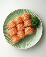 AI generated Neatly Arranged Salmon Sushi Resting on a Light Green Plate, an Exquisite Presentation for a Culinary Symphony. photo