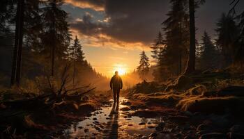 AI generated Silhouette of a man walking in a tranquil forest generated by AI photo