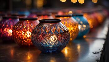 AI generated Ancient pottery vase illuminated by vibrant candlelight generated by AI photo