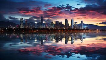AI generated City skyline reflects in water at dusk generated by AI photo