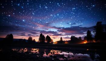 ai generado tranquilo escena de un iluminado por las estrellas bosque a oscuridad generado por ai foto