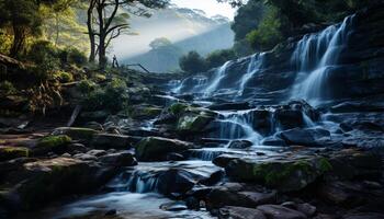 AI generated Tranquil scene of flowing water in tropical rainforest generated by AI photo