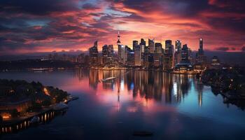 ai generado Noche paisaje urbano refleja en agua, famoso urbano horizonte generado por ai foto