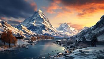 AI generated Majestic mountain peak reflects tranquil sunset on water generated by AI photo