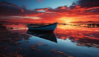 AI generated Tranquil sunset over water, fishing boat sails generated by AI photo