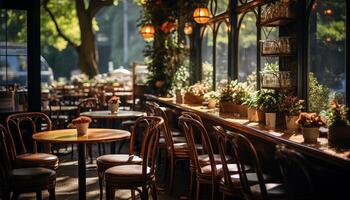 AI generated Wooden table and chair in a cozy cafe generated by AI photo