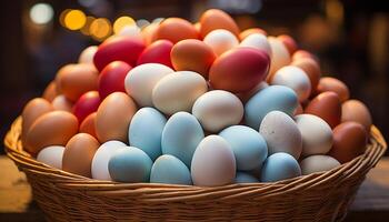 AI generated Colorful eggs adorn the wicker basket, celebrating spring generated by AI photo