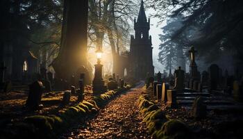 AI generated Spooky tombstone, old fog, dark night, gothic chapel generated by AI photo