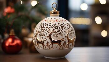 AI generated Christmas ornament on table, illuminated with Christmas lights generated by AI photo