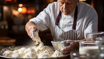 ai generado mayor hombre amasadura masa en Doméstico cocina generado por ai foto