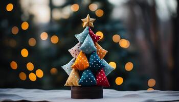 AI generated Winter celebration illuminated tree, shiny gift, glowing ornament generated by AI photo