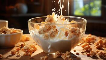 AI generated Freshness and sweetness in homemade chocolate oatmeal generated by AI photo