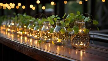 ai generado noche celebracion iluminado botella, vaso, madera, frescura, naturaleza generado por ai foto