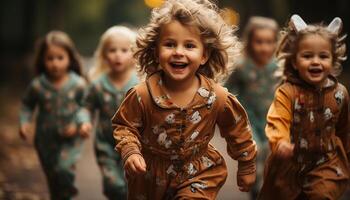 ai generado sonriente niños jugando, disfrutando naturaleza, despreocupado y contento generado por ai foto