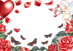 uma dia dos namorados dia ou Casamento cartão com cupidos, vermelho rosas e uma coração. desenhado à mão aguarela ilustração. a elemento do a Projeto do embalagem e rótulos, cartazes e panfletos, imprime. png